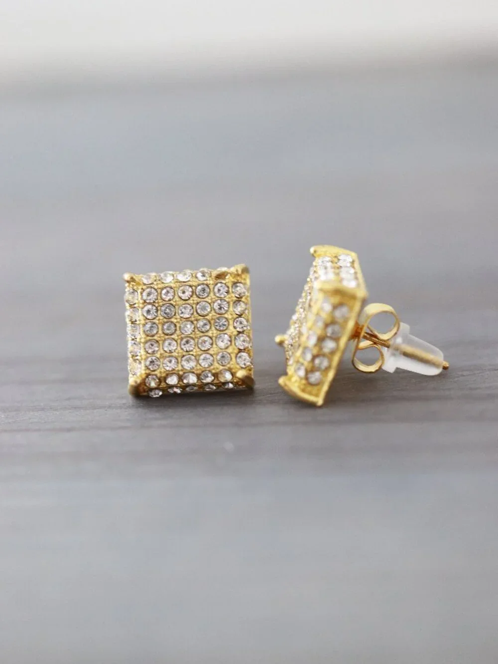 12mm Square Pave Style with Side Stones CZ Diamonds Stud Earrings Silver Plated